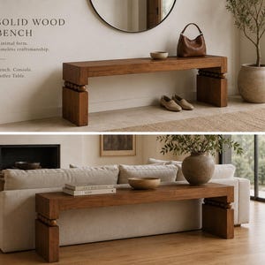 May include: A rectangular solid wood bench with a smooth top and two thick, block-style legs connected by a row of wooden spheres. The text on the image reads: SOLID WOOD BENCH, Minimal form. Timeless craftsmanship. Bench. Console. Coffee Table.