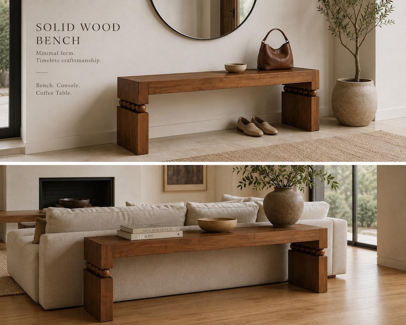May include: A rectangular solid wood bench with a smooth top and two thick, block-style legs connected by a row of wooden spheres. The text on the image reads: SOLID WOOD BENCH, Minimal form. Timeless craftsmanship. Bench. Console. Coffee Table.