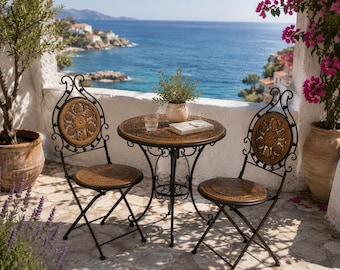 Rustikaler Balkonstuhl, Terrasse Stuhl, Handgefertigter Holz Metall Stuhl, Garten Bistro Sitzgelegenheit, Vintage Decor