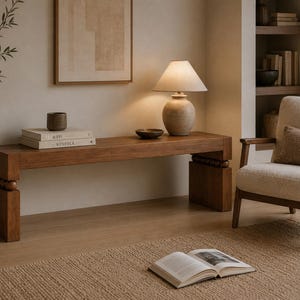 Solid Oak Sofa Console Table, Behind Couch, Narrow Entryway Table, Japandi Mid Century Design image 2