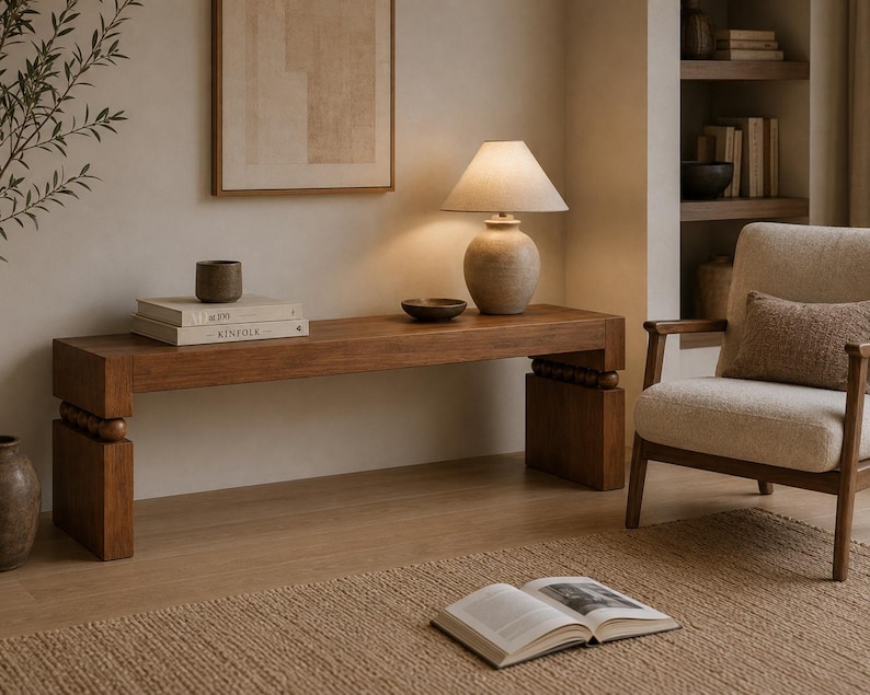 Solid Oak Sofa Console Table, Behind Couch, Narrow Entryway Table, Japandi Mid Century Design image 2