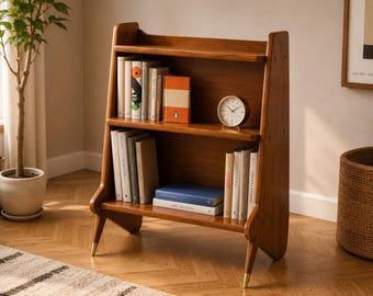 Solid Wood Desktop Bookshelf, Mid Century Bookcase, Rustic Wooden Storage Shelf, Handmade Book Organizer