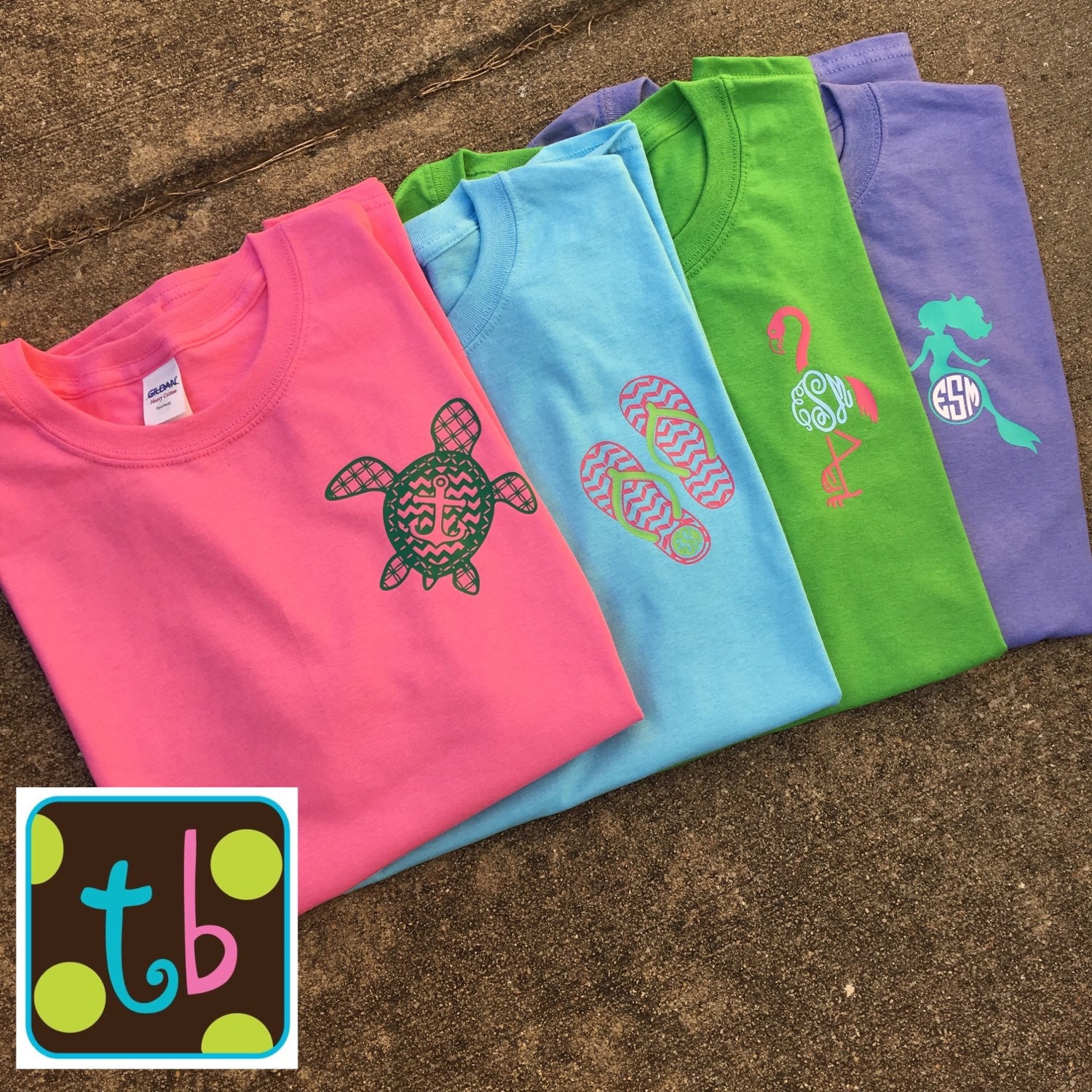 Spring Monogram Monogrammed tee Mermaid Anchor Turtle Flamingo Flip f…