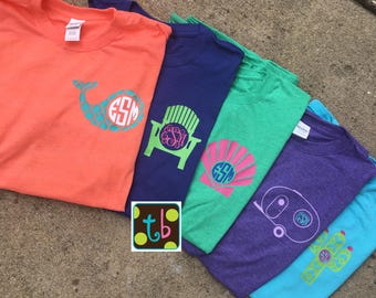 Spring Summer Softstyle Monogram Tee Design Personalized Whale Beach Shell Camper Cactus Trendy Monogram Shirt Monograms
