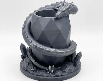 Portalápices con diseño de dragón en cueva de cristal, organizador de escritorio con forma de copa de gema impreso en 3D y pintado a mano, decoración de escritorio de fantasía única.