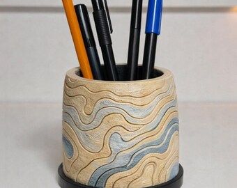 Portalápices con mapa topográfico pintado a mano / Organizador de escritorio con líneas de contorno impreso en 3D / Accesorio de escritorio único para geología