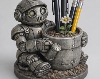 Encantador portalápices con forma de robot jardinero: organizador de escritorio único impreso en 3D con maceta pintada a mano, regalo de decoración tecnológica exclusivo.