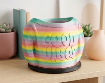 Good Vibes Planter Pot with Drainage Tray • 2 Sizes • Rainbow Plant Pot • Plant Lover Quirky Gift • Stylish Indoor Succulent Cacti Planter