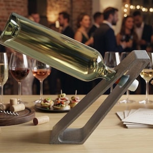 May include: A dark grey, angled wooden wine bottle holder designed to balance a bottle at an incline. The holder features a rectangular cutout and a circular opening that secures the neck of a glass wine bottle, keeping it suspended above the surface.