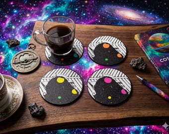 Cosmic Coffee Space Coaster Set | Hand Drawn Drink Coasters | Unique Astronomy Designed Art | Modern Home Decor with Holder | Set of 4 or 6