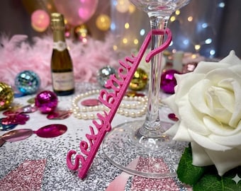 Funny Hen Party Wine Glass Name Tags | Drink Markers | 14 Designs | Custom Colour Options | Bachelorette Wine Charms | Set of 6 or Set of 10