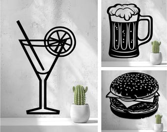 Beer Mug | Hamburger | Cocktail Glass | 2D Wall Art | Food Bar Cart | Kitchen Cafe Pubs Restaurant Lounge Wall Hanging | Quirky Party Gift