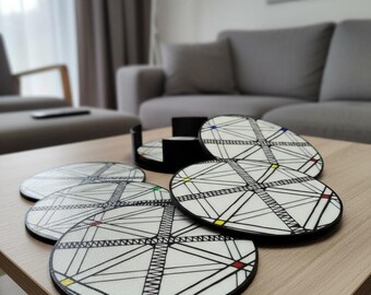 Shapes Geometric 3D Printed Coasters with Holder | Modern Abstract Drink Coaster Set | Unique Student Art Gift | Set of 4 or 6