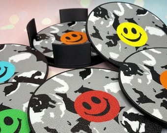 Unique Smiley Face Coaster Set with Holder | 3D Printed Retro Neon Drink Coasters | Fun Party Decor & Housewarming Gift | Set of 4 or 6