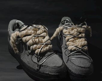 Custom Distressed Gray Sneakers – Handmade Denim Style, Rope Laces, Unique Streetwear Design