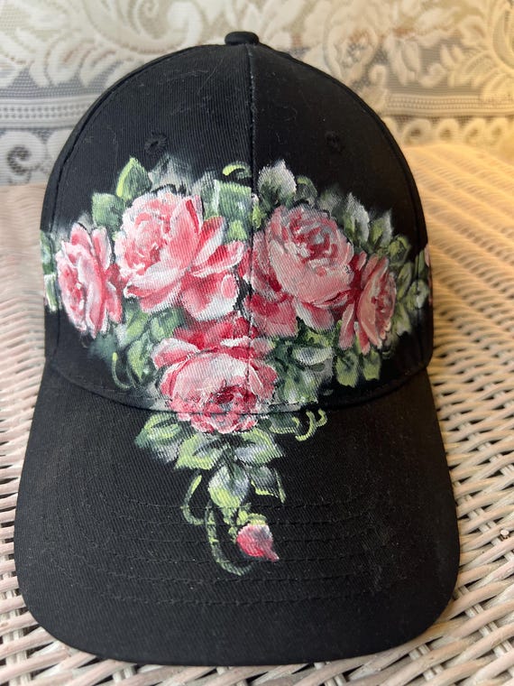 Black hand-painted vintage rose base ball cap