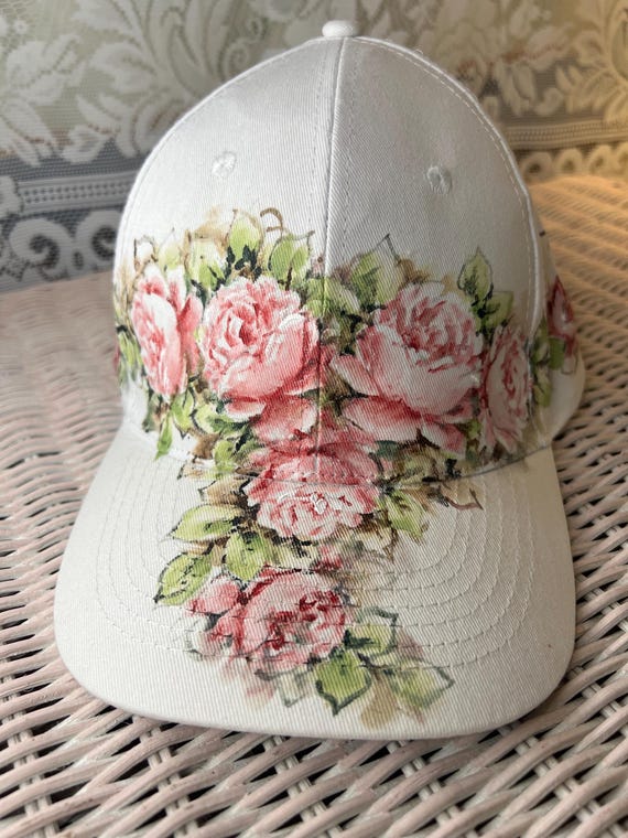 White hand- painted rose base ball cap