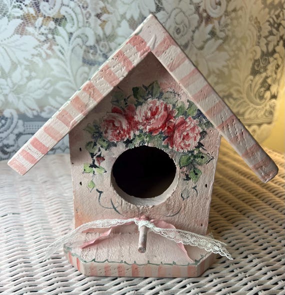 Hand-painted pink rose bird house