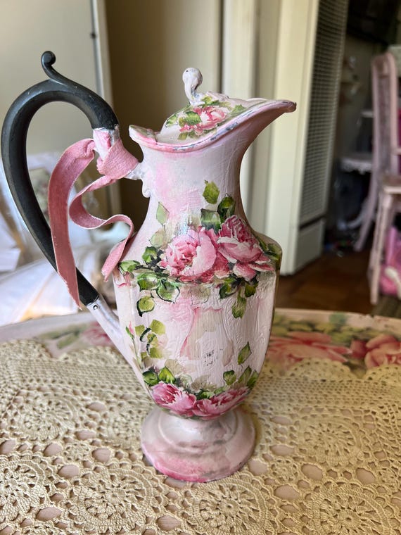 Tall hand-printed Vintage Pink  rose teapot