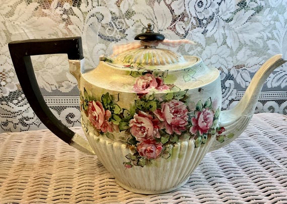 Hand painted white Tea Pot Pink and green roses