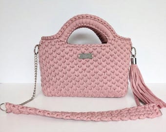 Hand- Crocheted Luxury Dusty Pink T-Shirt Yarn Tote Bag, Boho Style Handbag with Tassel