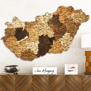 May include: A wooden map of Hungary, showing county divisions, is mounted on a white wall. The map is crafted from various shades of brown wood. Below, a wooden cabinet displays a model aeroplane, a sign reading "i love Hungary", and a lamp.
