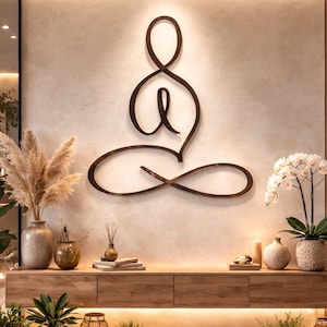 Minimalistische yoga muurkunst houten meditatie symbool zen decor spirituele lijntekeningen Boho wellness kamer modern huis statement stuk