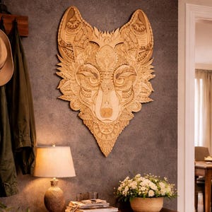 Detaillierte geometrische Wolfskopf Wand Kunst Holz Dekor, 3D Schicht Sperrholz Tierskulptur, rustikale moderne Wand Akzent, Geschenk für Naturliebhaber