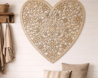 Herz Form Holzwandkunst, Blumen Mandala Liebessymbol Dekor, Laser geschnitten Holzherzplatte für Schlafzimmer Hochzeitsgeschenk Wohnkultur