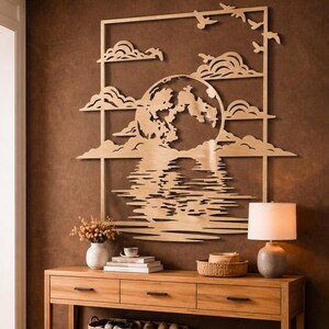 Black Moon Reflection Wall Art Wooden Panel, Modern Nature Scene Decor, Lake Sunset Silhouette, Gift Idea for Home Office Living Room