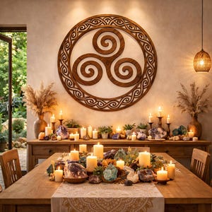 Grote Keltische Triskelion-muurkunst – Rond houten decor met drievoudige spiraal – Heilig Keltisch symbool Home Statement stuk