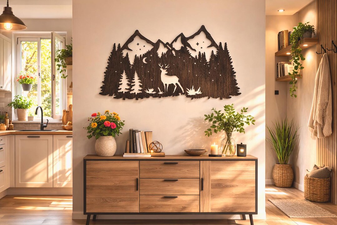 Mountain Deer Wall Art Wooden Forest Decor Stained Handmade, Deer ...