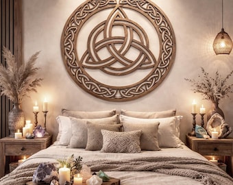 Large Celtic Knot Wall Art – Round Wooden Triquetra Decor – Scandinavian Rustic Home Statement Piece