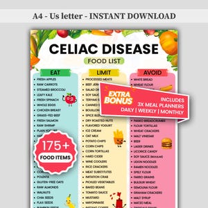 Puede incluir: Infografía colorida titulada "Lista de alimentos para la enfermedad celíaca" con secciones para alimentos para comer, limitar y evitar. Incluye una sección de bonificación con planificadores de comidas. Formato A4, descarga instantánea.