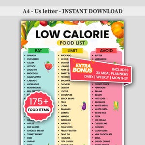 Peut inclure: Une liste d'aliments à faible teneur en calories avec des sections "Manger", "Limiter" et "Éviter". Comprend un bonus de 3x planificateurs de repas. La liste présente plus de 175 aliments. Le texte "A4 - Us letter - INSTANT DOWNLOAD" est en haut.