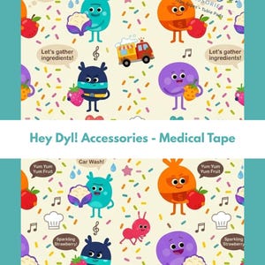 Könnte beinhalten: Farbenfrohe Cartoon-Illustration mit verschiedenen Figuren zum Thema Essen und Sprechblasen. Das Bild enthält den Text "Hey Dyl! Accessories - Medical Tape". Der Hintergrund ist hellbeige mit bunten Streuseln.