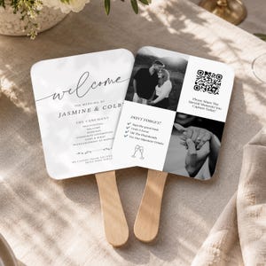 Modern Photo Wedding Fan Template Printable Program Fan For Guests with QR Code Canva Instant Access DIY Wedding Favor Elegant Paddle Fan
