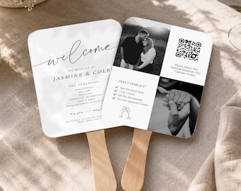 Moderne Foto-Hochzeitsfächer-Vorlage zum Ausdrucken, Programmfächer für Gäste mit QR-Code, Canva-Sofortzugriff, DIY-Hochzeitsgeschenk, eleganter Paddelfächer