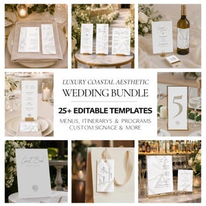 May include: A collection of white wedding stationery templates featuring minimalist typography and subtle shell illustrations. The bundle includes menus, itineraries, programmes, table numbers, guest book signs, and thank you tags for a cohesive event aesthetic.