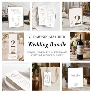 Op de afbeelding: Een trouwstationery-set met witte papieren bordjes, menu's, draaiboeken en programma's met donkerbruine tekst en bloemmotieven. De collectie bevat een bordje voor drankjes, tafelnummers, een wijnetiket en een bordje voor het gastenboek.