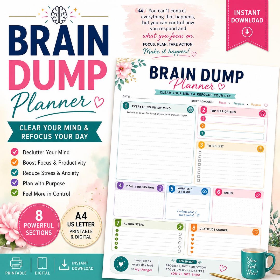 Brain Dump Planner Printable | Mind Declutter Productivity Worksheet ...
