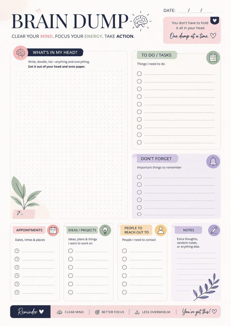Brain Dump Planner Printable | Mind Declutter Productivity Worksheet ...