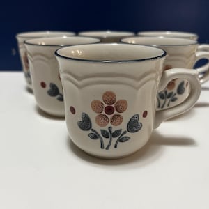 Puede incluir: Un juego de seis tazas de café de cerámica blanquecina. Cada taza presenta un diseño floral con detalles en marrón, azul y rojo. Las tazas tienen un borde festoneado y un asa. Adecuadas para bebidas calientes.