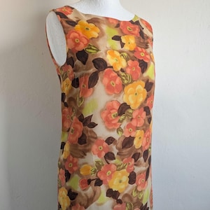 Vintage 60s Orange and Brown Bold Floral Shift Dress | Size 14 Square Neck Sleeveless Mod Dress