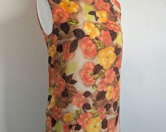 Vintage jaren 60 oranje en bruine jurk met opvallende bloemenprint | Mouwloze mod-jurk met vierkante hals maat 14