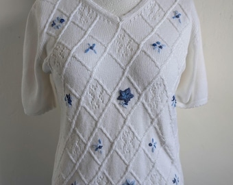 Vintage jaren 90 St. Michael Spring gebreide top | Blauw bloemenborduurwerk, cottagecore-stijl, 100% katoen