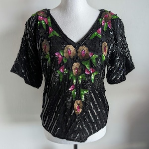 Vintage 80s Frank Usher Black Sequin Silk Blouse, Shoulder Pads and Delicate Beadwork