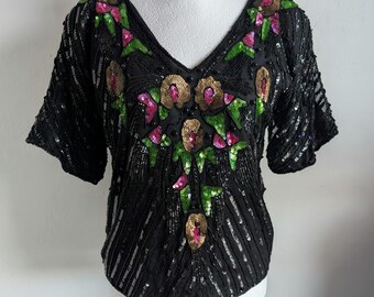 Vintage jaren 80 Frank Usher zwarte zijden blouse met lovertjes, schoudervullingen en fijn kralenwerk