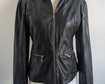 Vintage jaren 90 blauw water 100% leren jas, getailleerd bikerjack met ritssluiting