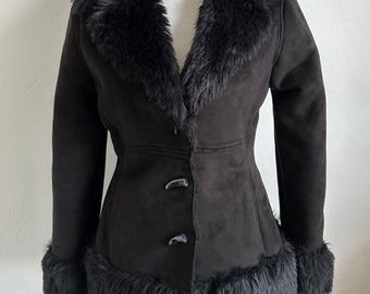 Vintage zwarte Penny Lane Afghaanse jas uit de jaren 90, rand van imitatiebont